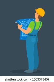 A worker holding a blueprint, looking up. An engineer man in overalls and hard protective helmet stands with his back to the viewer. Vector cartoon illustration.