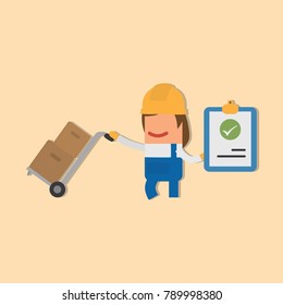 Worker holding a carriage and a document, vector illustration design. Construction characters collection.