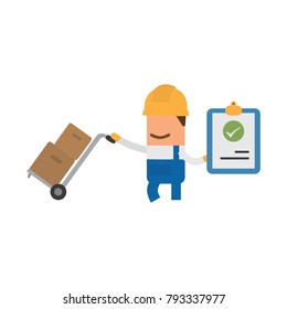 Worker holding a carriage and a document, vector illustration design. Construction characters collection.