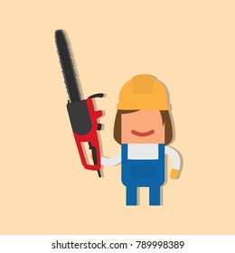 Worker holding a chainsaw, vector illustration design. Construction characters collection.