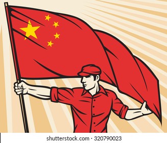 worker holding a china flag poster design