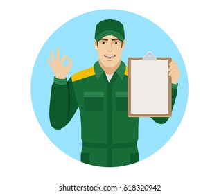 Worker holding clipboard and showing a okay hand sign. Portrait of Delivery man or Worker in a flat style. Vector illustration.