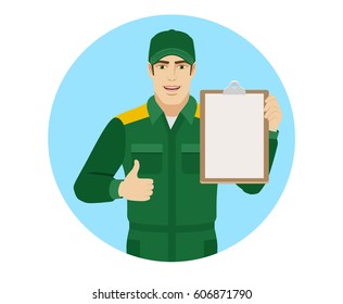 Worker holding clipboard and showing thumb up. Portrait of Delivery man or Worker in a flat style. Vector illustration.