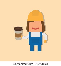 Worker holding a coffee, vector illustration design. Construction characters collection.