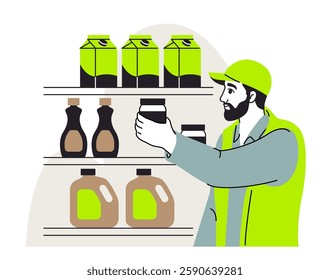 Worker holding dairy product, flat graphic style, on white background. Concept of dairy industry and product inspection. Vector illustration