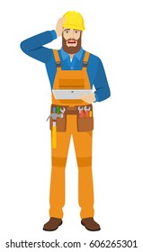Worker holding digital tablet PC and grabbed his head. Full length portrait of worker in a flat style. Vector illustration.