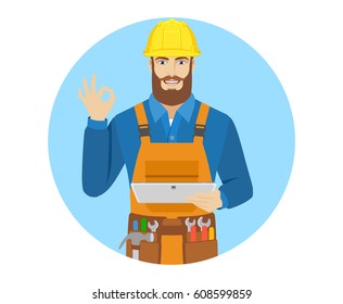 Worker holding digital tablet PC and showing a okay hand sign. Portrait of worker in a flat style. Vector illustration.