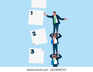 Worker holding each other on their shoulders. Businessman manage to prioritize sticky note with number. Arrange to do list which job to do before and after, set work priority, task management concept.
