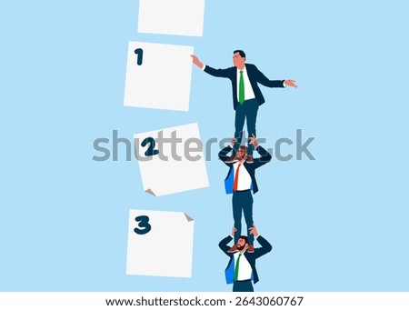 Worker holding each other on their shoulders. Businessman manage to prioritize sticky note with number. Arrange to do list which job to do before and after, set work priority, task management concept.