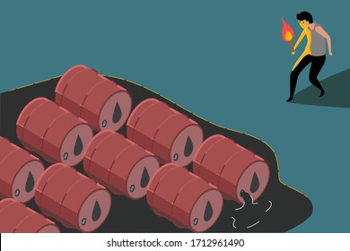 A worker is holding a fire torch to burn oil barrels because too much oil is produced until there is no storage.  Crisis, oversupply, falling prices  Caused by less demand from the world market.