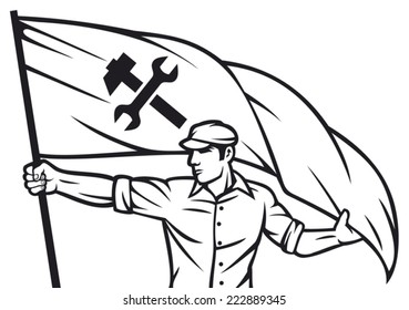 worker holding a flag - industry poster 
