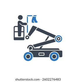 Worker Holding Flag in Lift Icon On White Background