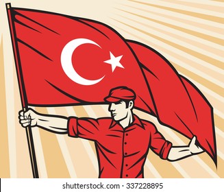 Worker holding flag of Turkey - industry poster 