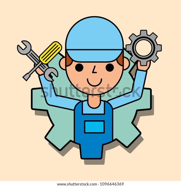worker\
holding gear and wrench car service\
maintenance