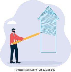 the worker is holding a green pencil and drawing an upward arrow symbol.

