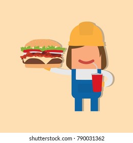 Worker holding a hamburger and a drink, vector illustration design. Construction characters collection.