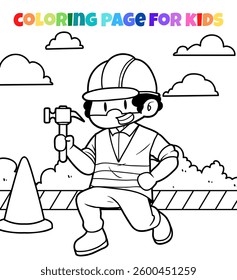 Worker holding hammer character coloring page outline illustration