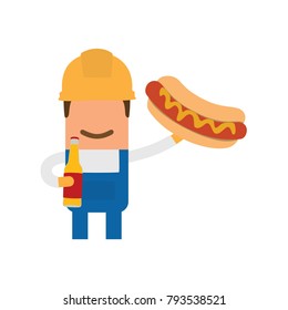 Worker holding a hot dog and a beer, vector illustration design. Construction characters collection.