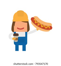 Worker holding a hot dog and a coffee, vector illustration design. Construction characters collection.