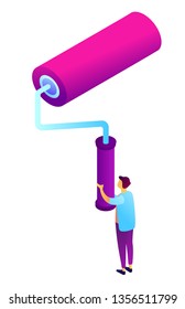 Worker holding huge paint roller, tiny people isometric 3D illustration. Painting service, house renovation and remodeling, painting equipment and tools concept. Isolated on white background.