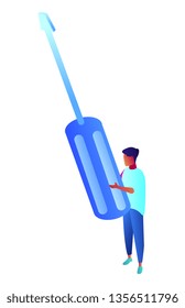 Worker holding a huge screwdriver, tiny people isometric 3D illustration. Mechanic and repairman, builder with construction tool, handyman and maintenance concept. Isolated on white background.