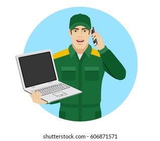Worker holding laptop notebook and talking on the mobile phone. Portrait of Delivery man or Worker in a flat style. Vector illustration.