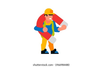 A worker holding a large magnet. Builder and magnet. Smile, happy, strength, attraction, power. Vector illustration isolated on white background.