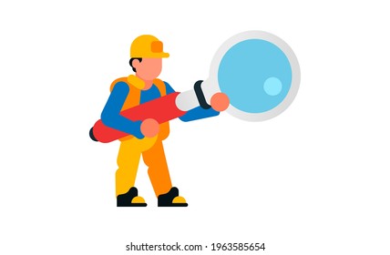 Worker holding a large magnifying glass. Builder with a magnifying glass. Search, research, study, increase, spy. Isolated vector illustration on white background