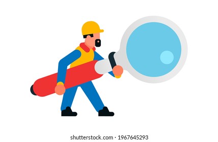 Worker holding a large magnifying glass. Builder with a magnifying glass. Search, research, study, increase, spy. Isolated vector illustration on white background.