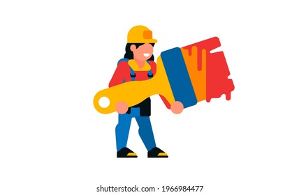 Worker holding a large paintbrush. A woman builder and a paint brush. Smile, happy, painter. Vector illustration isolated on white background.