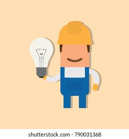 Worker holding a light bulb, vector illustration design. Construction characters collection.