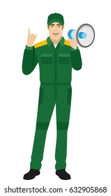Worker holding loudspeaker and pointing up. Full length portrait of Delivery man or Worker Character in a flat style. Vector illustration.