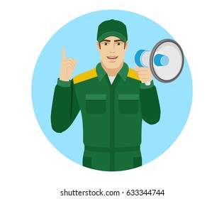 Worker holding loudspeaker and pointing up. Portrait of Delivery man or Worker in a flat style. Vector illustration.