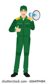Worker holding loudspeaker and showing thumb up. Full length portrait of Delivery man or Worker in a flat style. Vector illustration.