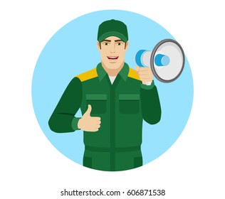 Worker holding loudspeaker and showing thumb up. Portrait of Delivery man or Worker in a flat style. Vector illustration.