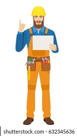 Worker holding a a paper and pointing up. Full length portrait of worker character in a flat style. Vector illustration.