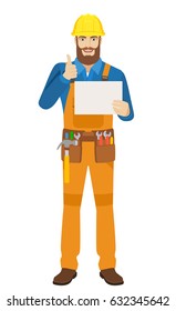 Worker holding a a paper and showing thumb up. Full length portrait of worker character in a flat style. Vector illustration.