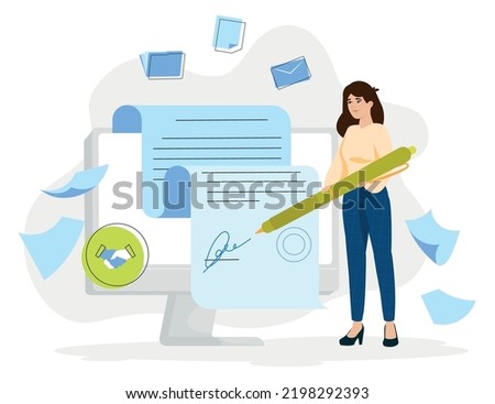 Worker holding pen and sign digital document. Computer and e-mail. Small icons fly around: folder, document, mail, handshake  