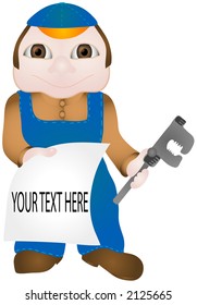 Worker holding a pipe wrench and blank paper over a white background.Illustration is in easily editable and scalable vector format.