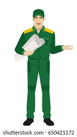 Worker holding the project plan and gesturing. Full length portrait of Delivery man or Worker Character in a flat style. Vector illustration.