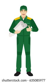 Worker holding the project plan and showing thumb up. Full length portrait of Delivery man or Worker Character in a flat style. Vector illustration.