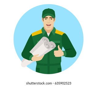 Worker holding the project plan and showing thumb up. Portrait of Delivery man or Worker in a flat style. Vector illustration.