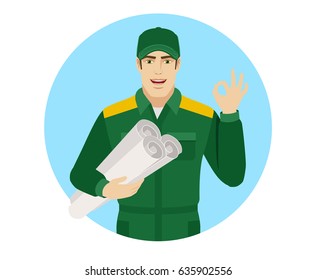 Worker holding the project plan and showing a okay hand sign. Portrait of Delivery man or Worker in a flat style. Vector illustration.