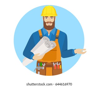 Worker holding the project plans and gesturing. Portrait of worker character in a flat style. Vector illustration.