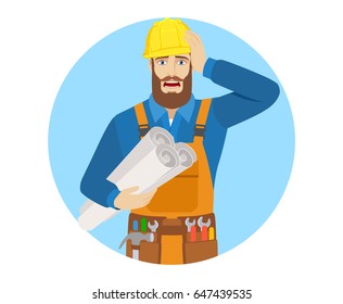 Worker holding the project plans and grabbed his head. Portrait of worker character in a flat style. Vector illustration.