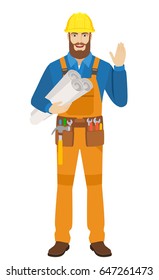 Worker holding the project plans and greeting someone with his hand raised up. Full length portrait of worker character in a flat style. Vector illustration.