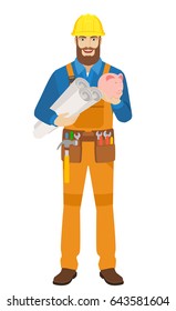 Worker holding the project plans and piggy bank. Full length portrait of worker character in a flat style. Vector illustration.