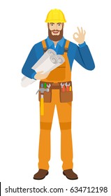 Worker holding the project plans and showing a okay hand sign. Full length portrait of worker character in a flat style. Vector illustration.
