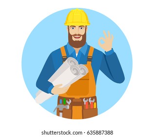 Worker holding the project plans and showing a okay hand sign. Portrait of worker character in a flat style. Vector illustration.