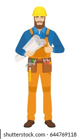 Worker holding the project plans and showing thumb up. Full length portrait of worker character in a flat style. Vector illustration.